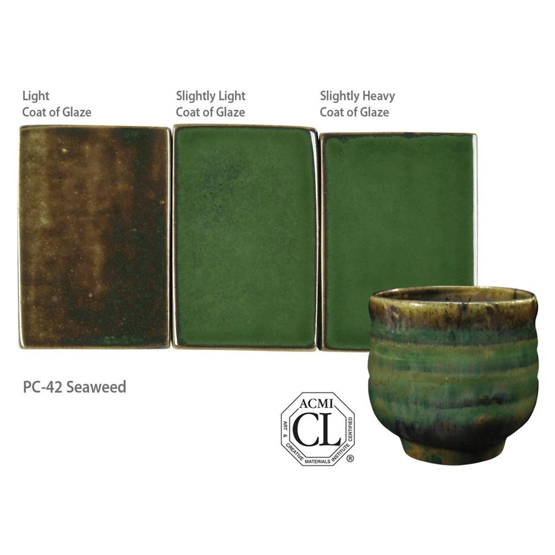 Seaweed Amaco Potter's Choice Glaze - Light coat of glaze; Slightly light coat of glaze; and Slightly heavy coat of glaze.