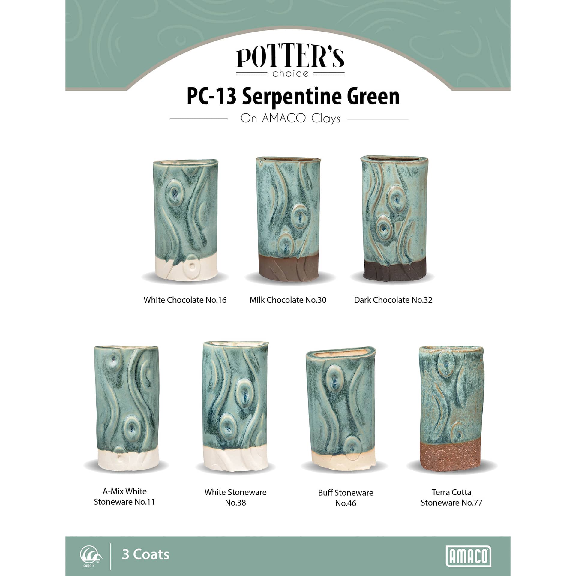 Serpentine Green Amaco Potter's Choice Glaze - 3 coats applied to Applied to White Chocolate, Milk Chocolate, Dark Chocolate, A-Mix White Stoneware, White Stoneware, Buff Stoneware, and Terra Cotta Stoneware clays.