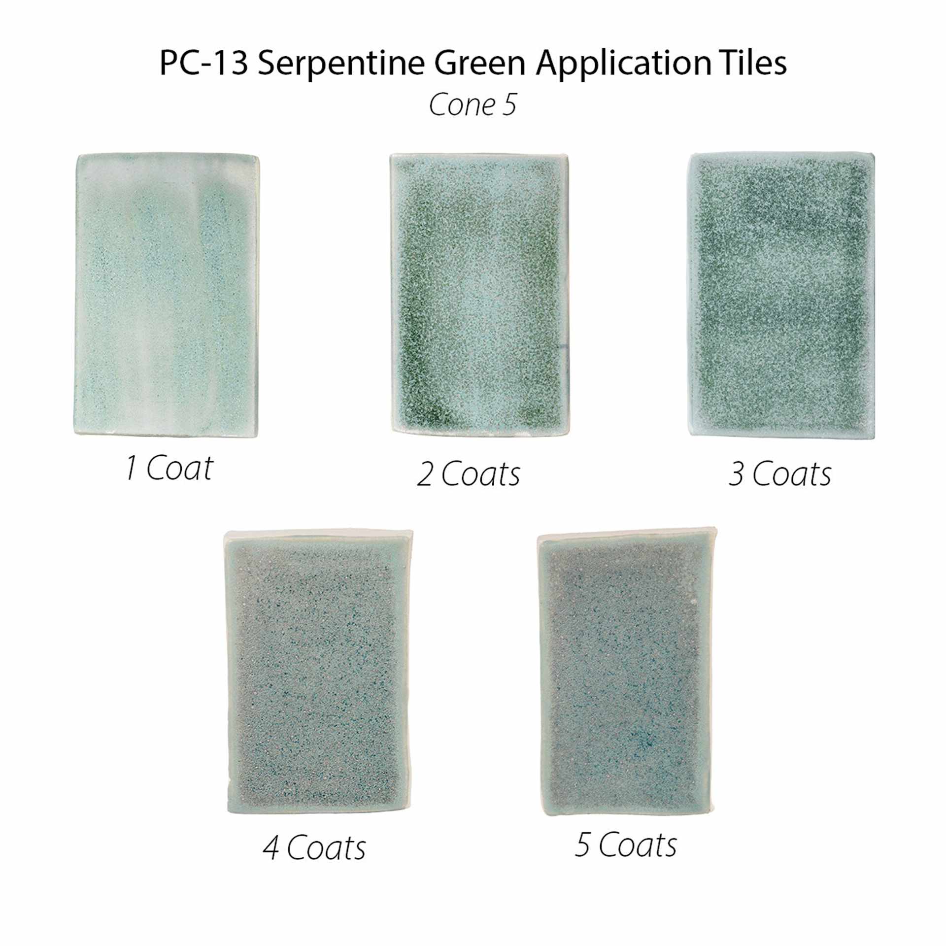 Serpentine Green Amaco Potter's Choice Glaze application tiles showing 1 coat, 2 coat, 3 coats, 4 coats, and 5 coats of glaze fired to Cone 5.
