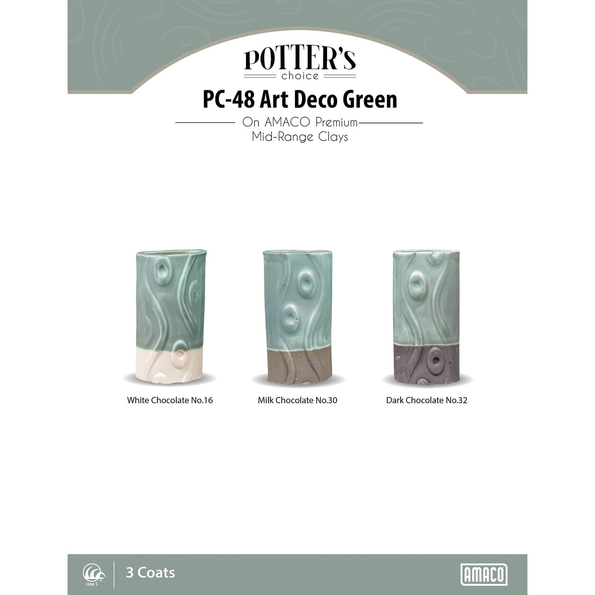 Art Deco Green Amaco Potter's Choice Glaze - 3 coats applied to Applied to White Chocolate No. 16 clay; Milk Chocolate No. 30 clay; and Dark Chocolate No. 32 clay.