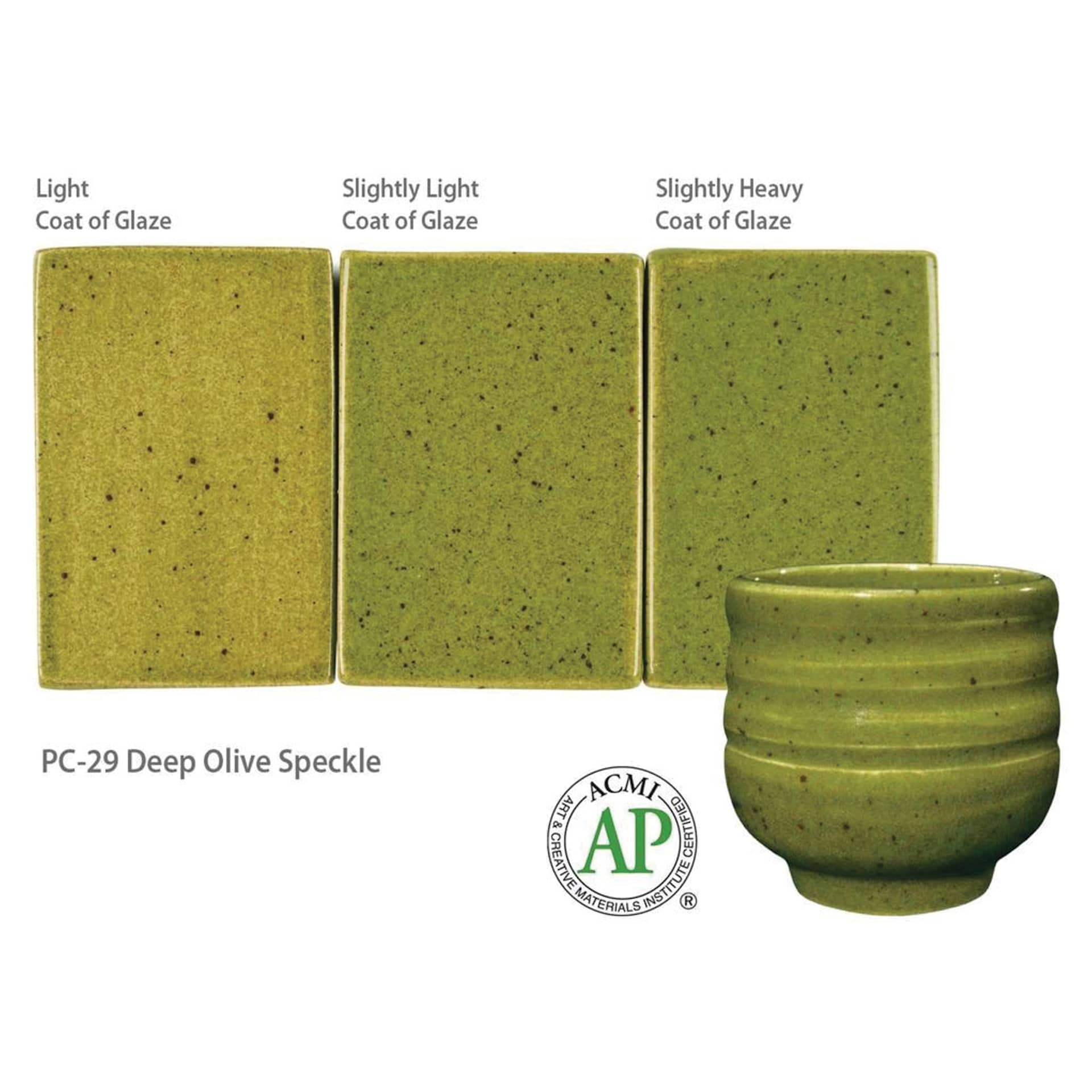 Deep Olive Speckle Amaco Potter's Choice Glaze - Light coat of glaze; Slightly light coat of glaze; and Slightly heavy coat of glaze.