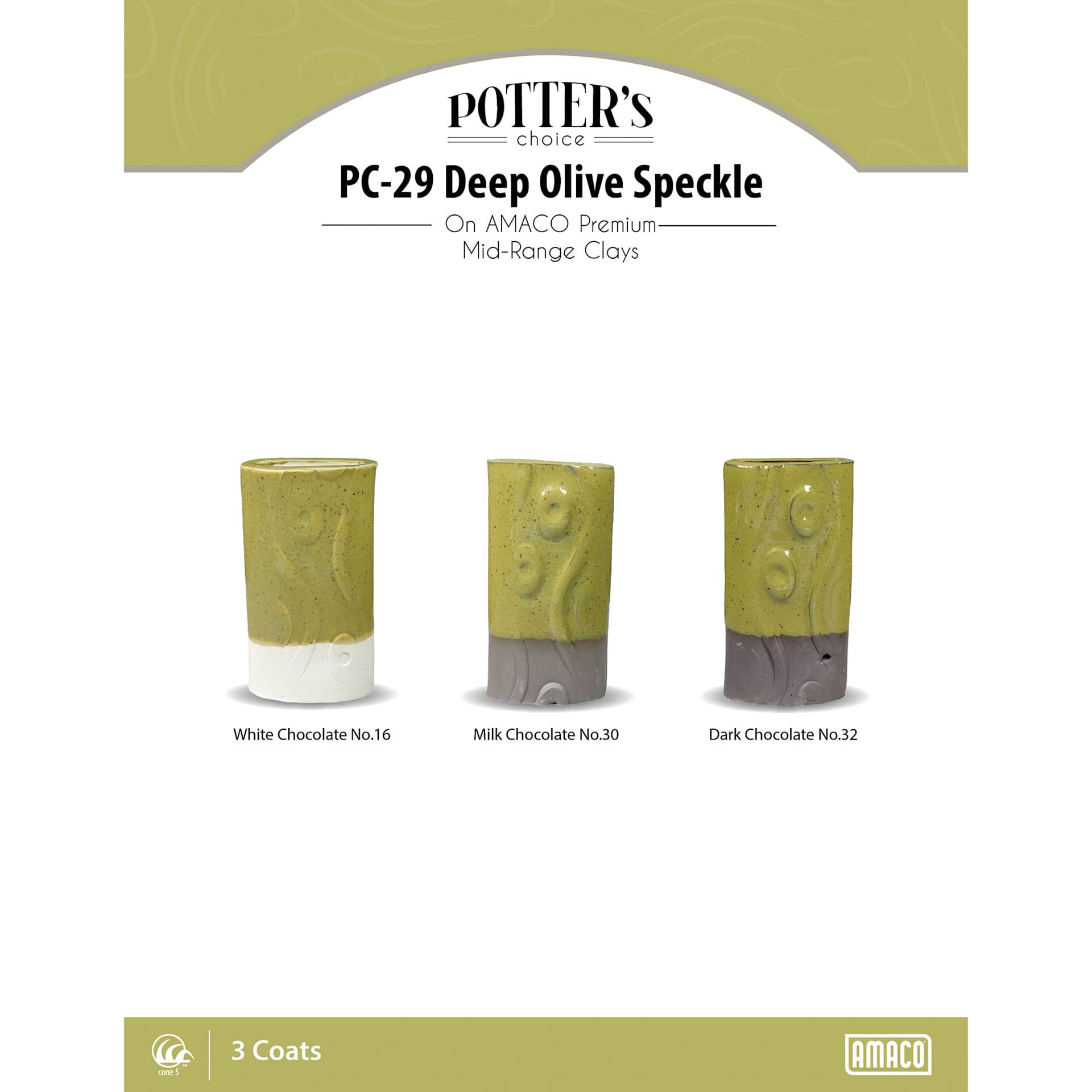 Deep Olive Speckle Amaco Potter's Choice Glaze - 3 coats applied to Applied to White Chocolate No. 16 clay; Milk Chocolate No. 30 clay; and Dark Chocolate No. 32 clay.