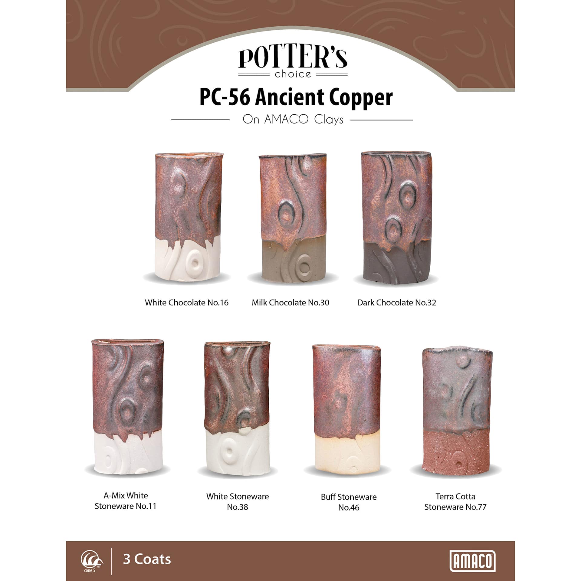 Ancient Copper Amaco Potter's Choice Glaze - 3 coats applied to Applied to White Chocolate, Milk Chocolate, Dark Chocolate, A-Mix White Stoneware, White Stoneware, Buff Stoneware, and Terra Cotta Stoneware clays.