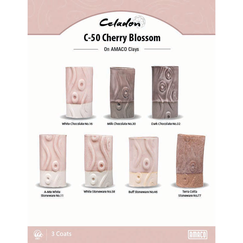 Celadon C-50 Cherry Blossom On AMACO Clays. White Chocolate No. 16, Milk Chocolate No. 30, Dark Chocolate No. 32, A-Mix White Stoneware No. 11, White Stoneware No. 38, Buff Stoneware No. 46, Terra Cotta Stoneware No. 77, 3 Coats.