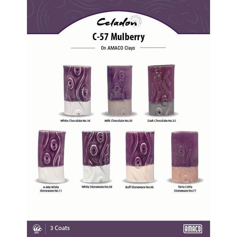 Celadon C-57 Mulberry On AMACO Clays. White Chocolate No. 16, Milk Chocolate No. 30, Dark Chocolate No. 32, A-Mix White Stoneware No. 11, White Stoneware No. 38, Buff Stoneware No. 46, Terra Cotta Stoneware No. 77, 3 Coats.