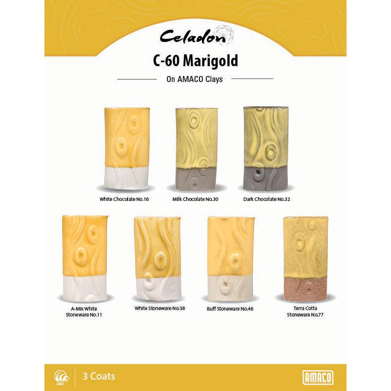 Celadon C-40 Marigold On AMACO Clays. White Chocolate No. 16, Milk Chocolate No. 30, Dark Chocolate No. 32, A-Mix White Stoneware No. 11, White Stoneware No. 38, Buff Stoneware No. 46, Terra Cotta Stoneware No. 77, 3 Coats.