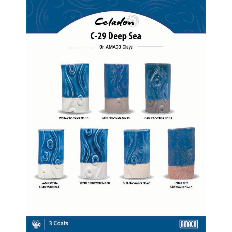 Celadon C-29 Deep Sea On AMACO Clays. White Chocolate No. 16, Milk Chocolate No. 30, Dark Chocolate No. 32, A-Mix White Stoneware No. 11, White Stoneware No. 38, Buff Stoneware No. 46, Terra Cotta Stoneware No. 77, 3 Coats.