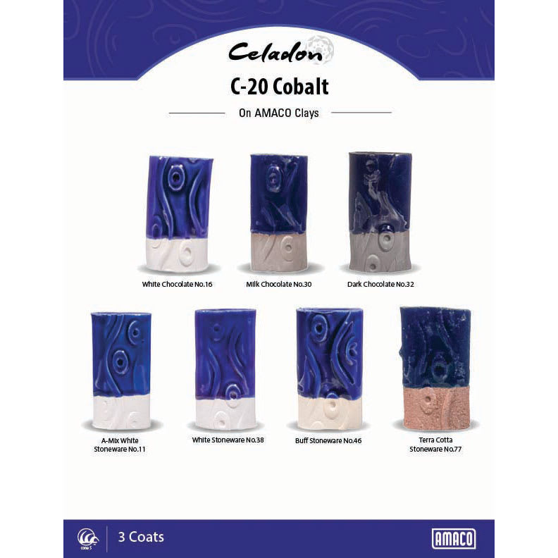 Celadon C-20 Cobalt On AMACO Clays. White Chocolate No. 16, Milk Chocolate No. 30, Dark Chocolate No. 32, A-Mix White Stoneware No. 11, White Stoneware No. 38, Buff Stoneware No. 46, Terra Cotta Stoneware No. 77, 3 Coats.