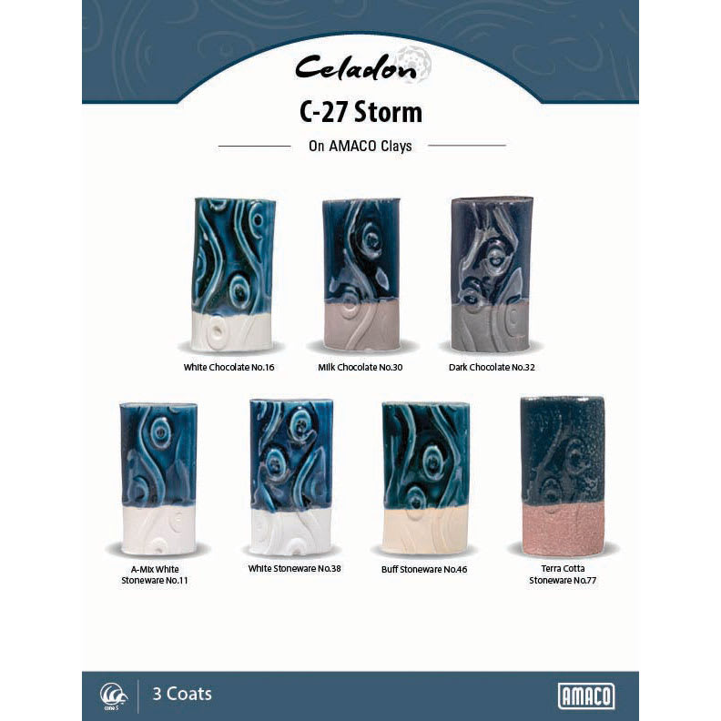 Celadon C-27 Storm On AMACO Clays. White Chocolate No. 16, Milk Chocolate No. 30, Dark Chocolate No. 32, A-Mix White Stoneware No. 11, White Stoneware No. 38, Buff Stoneware No. 46, Terra Cotta Stoneware No. 77, 3 Coats.