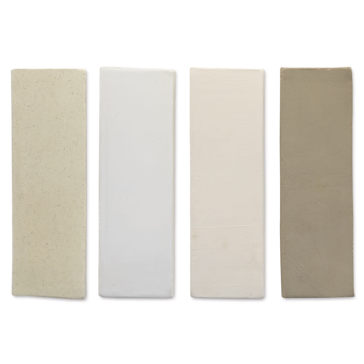 Standard Clay Company 105 White Clay With Grog sample tiles left to right - fired clay with clear glaze; fired clay with white glaze; bisque fired clay; unfired clay