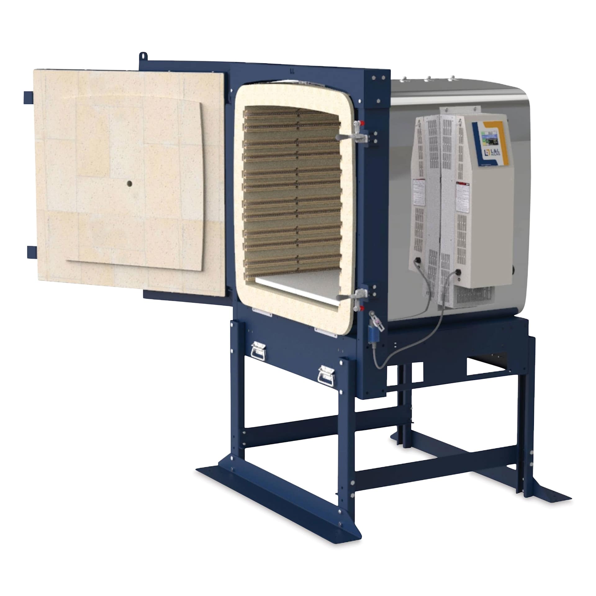 L&L EFL Studio Front-Loading Kilns - W15360, 208V, 3P, 42.6 Amp open, angled view