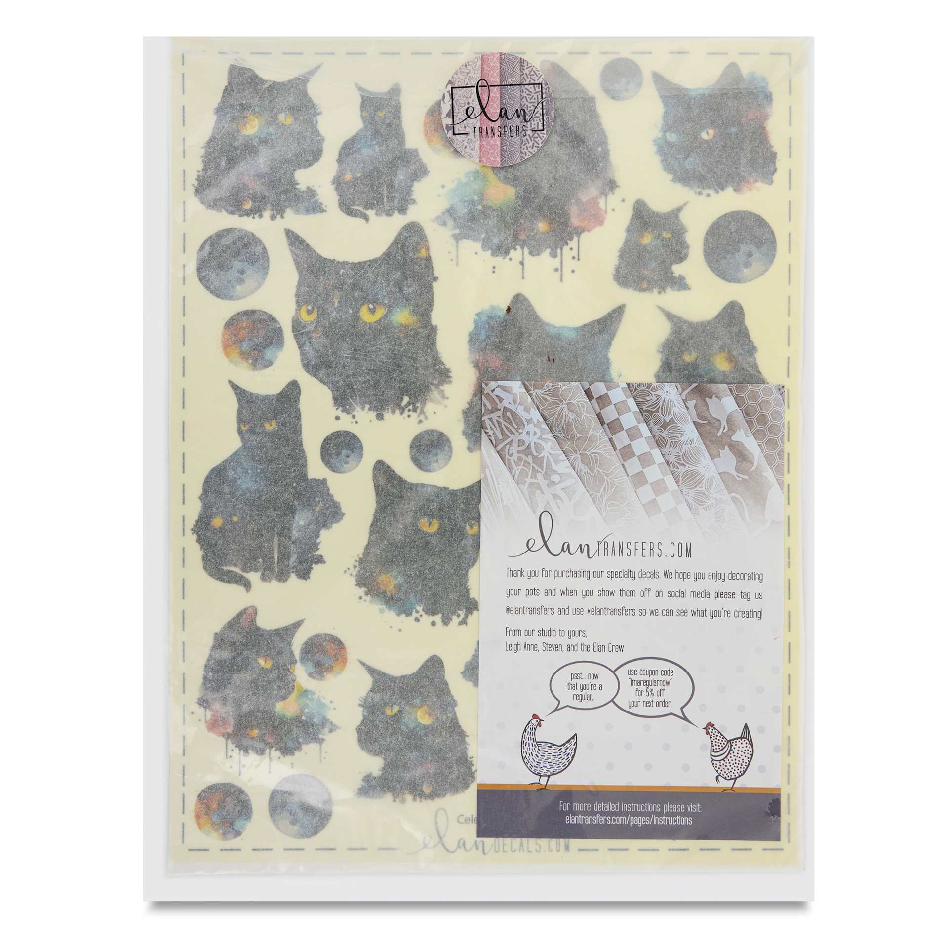 Elan Transfers Overglaze Decal Sheet - Celestial Cats - front of packaging