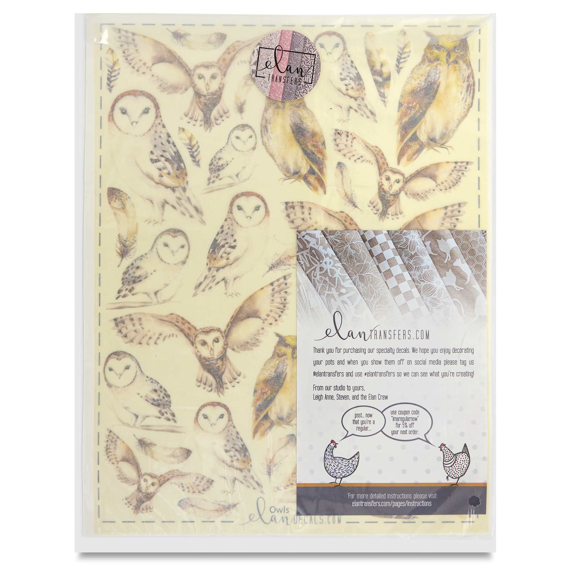 Elan Transfers Overglaze Decal Sheet - Owls - front of packaging