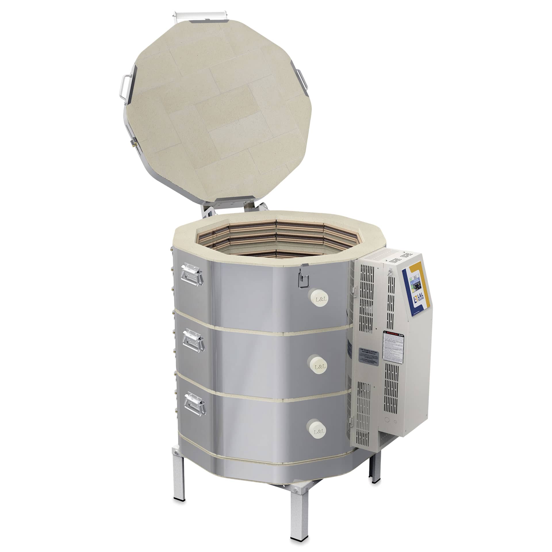 L&L eQuad Pro Production Kiln - eQ2327-3, Cone 10, 240V-1P, 56.0A, 22.3" Dia. x 27" D - left side
