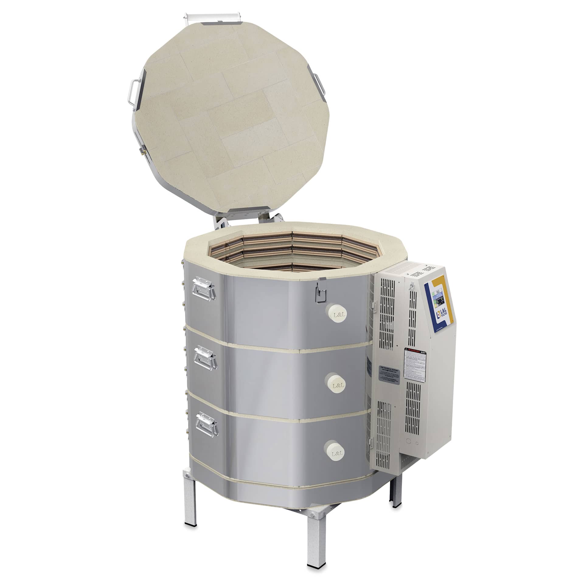 L&L eQuad Pro Production Kiln - eQ2327-3, Cone 10, 208V-1P, 56.0A, 22.3" Dia. x 27" D - left side