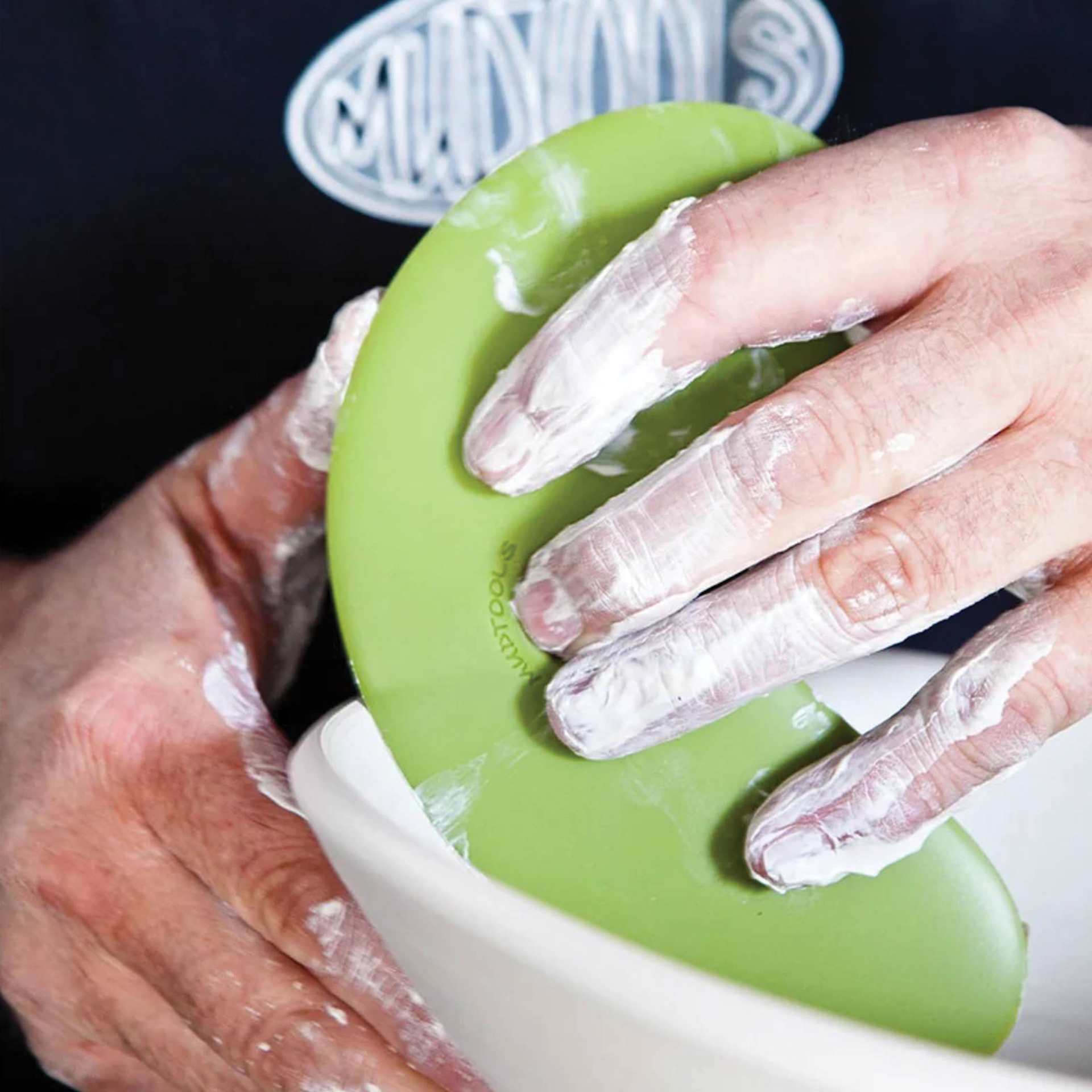 Mudtools Polymer Bowl Rib - Large, Green - in use close-up