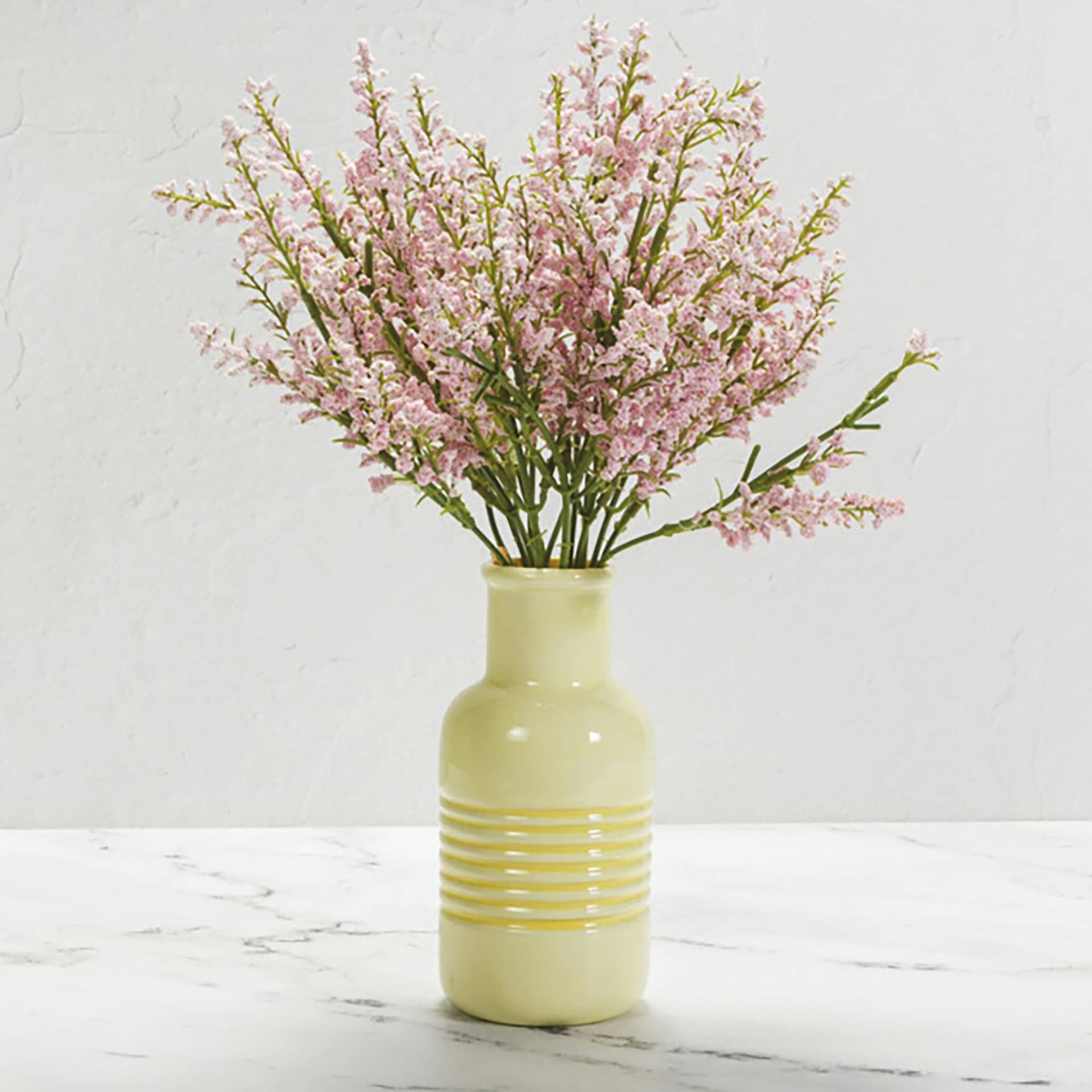 Mayco Earthenware Bisque Bud Vases - Front view of Yellow Glazed vase with pink flowers