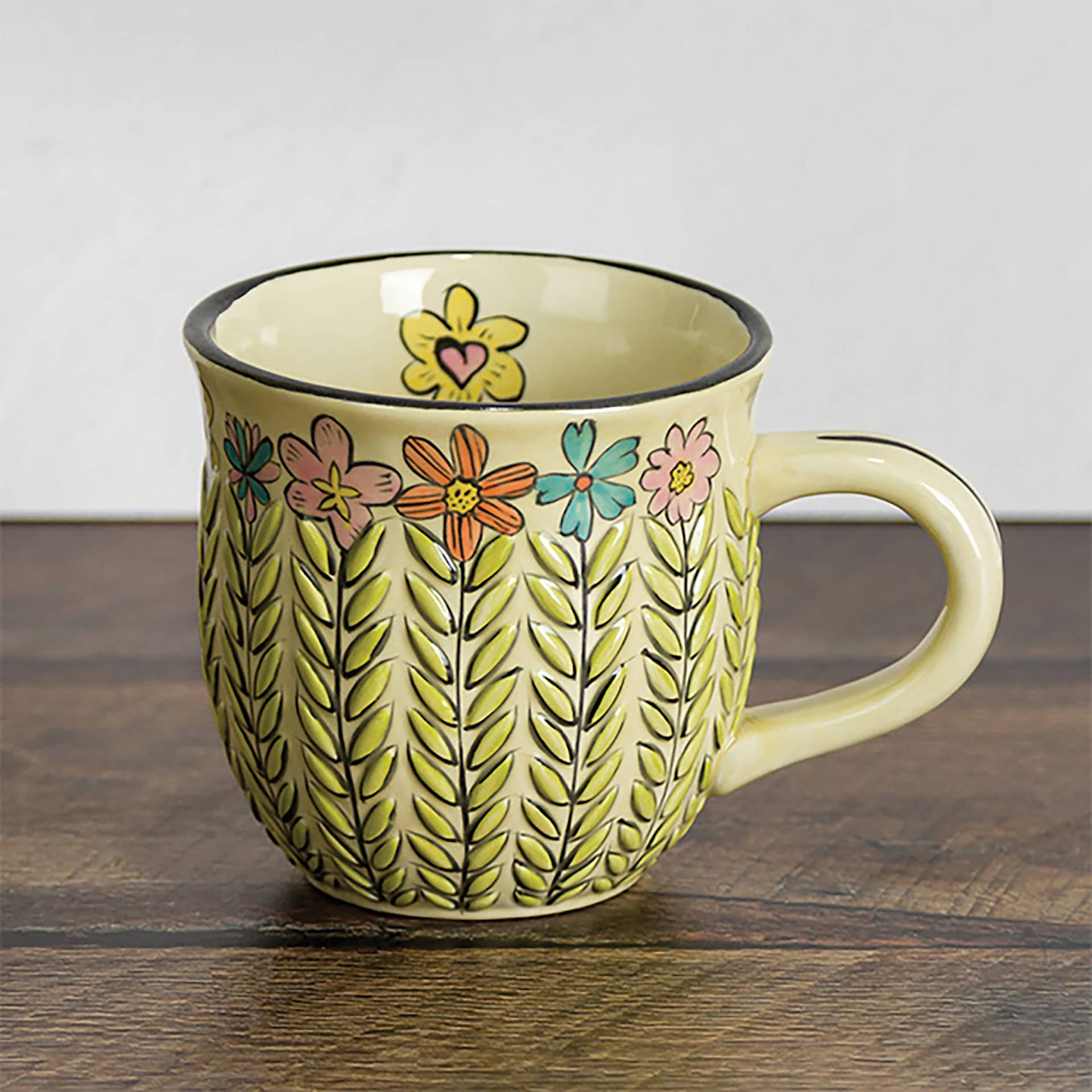 Mayco Earthenware Bisque Mugs - Pkg of 6, Stitched finished example with flower design