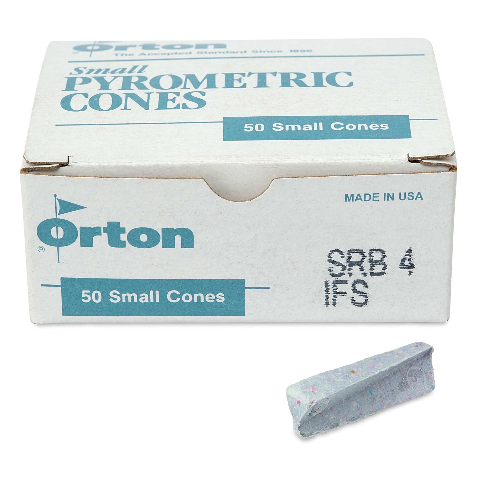 Orton Small Pyrometric Cones, Cone 4, Box of 50 - two cones shown in front of packaging