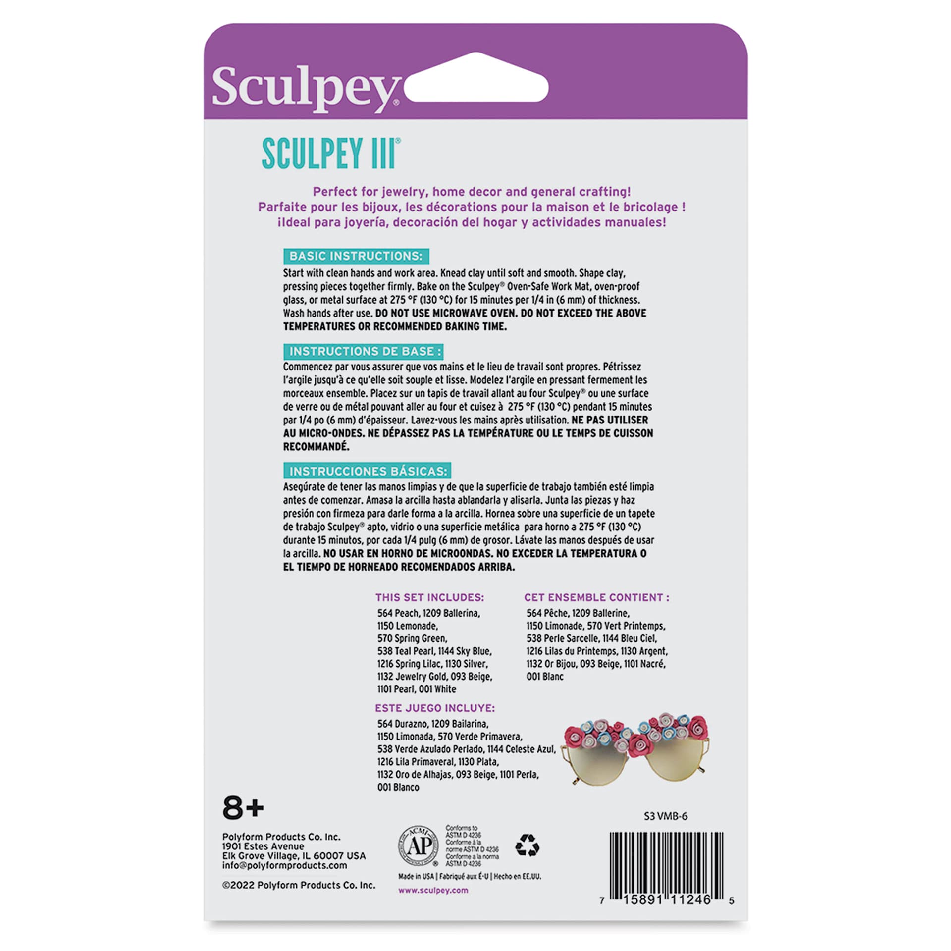 Sculpey III Set - Brights, Pkg of 12, 1 oz back of packaging