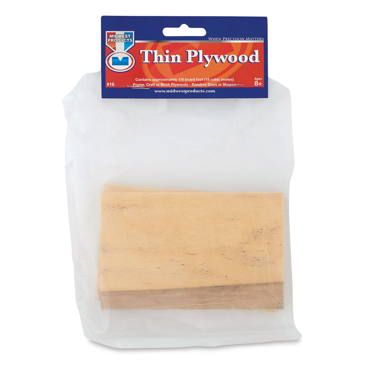 Midwest Products Birch Plywood Pieces - Front of package of Economy Bag of 36 pieces Midwest Products Birch Plywood Pieces - Front of package of Economy Bag of 36 pieces