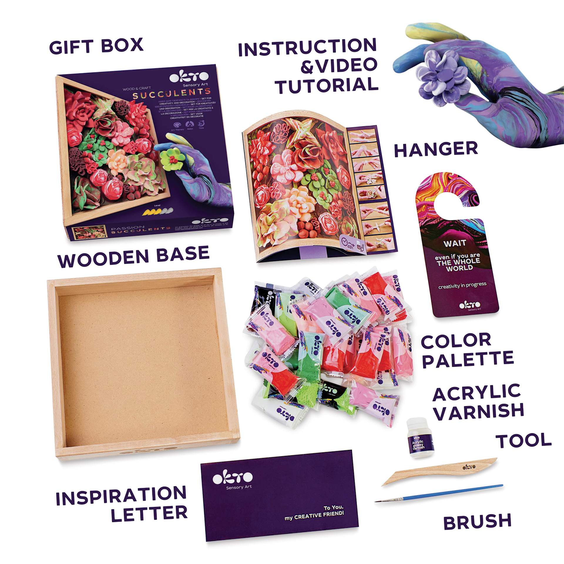 Okto Sensory Art DIY Wood & Craft Clay Kit - Succulents, Passion Colors - contents