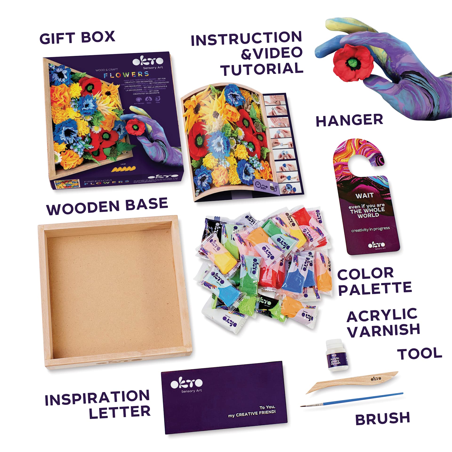 Okto Sensory Art DIY Wood & Craft Clay Kit - Flowers, Freedom Colors - labelled contents