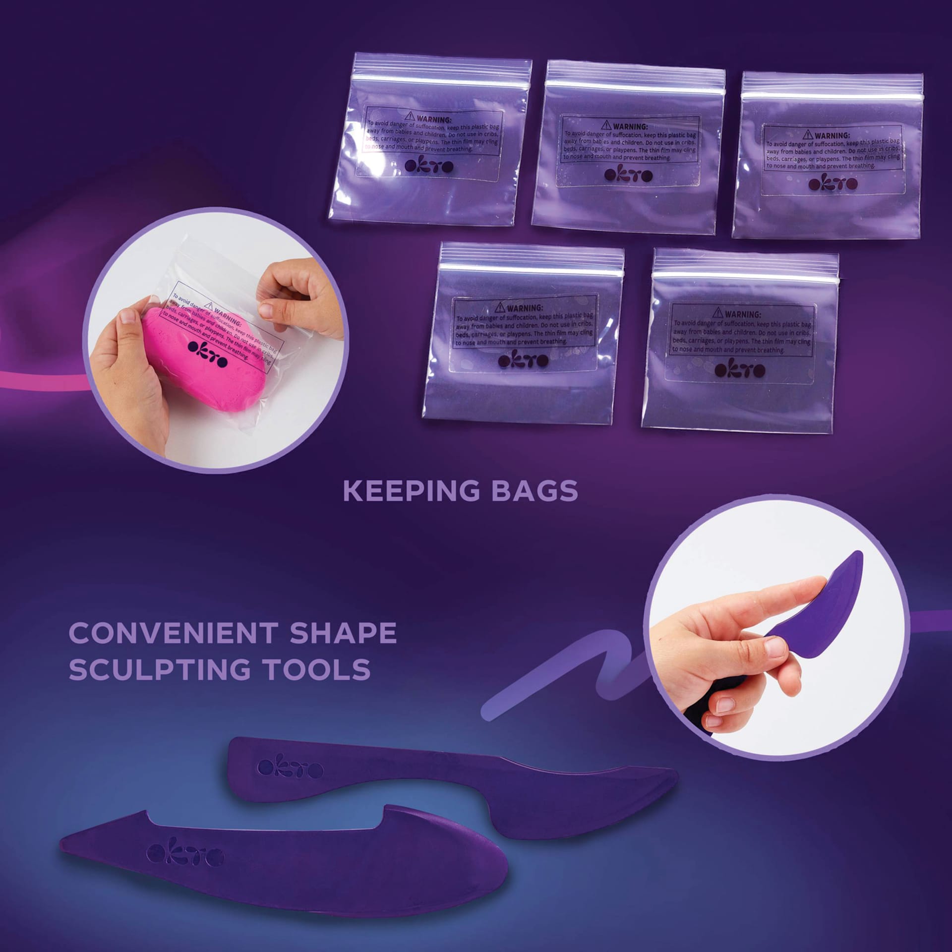 Okto Sensory Art Air Clay Creativity Kit - Set of 24 - keeping bags and convenient shape sculpting tools