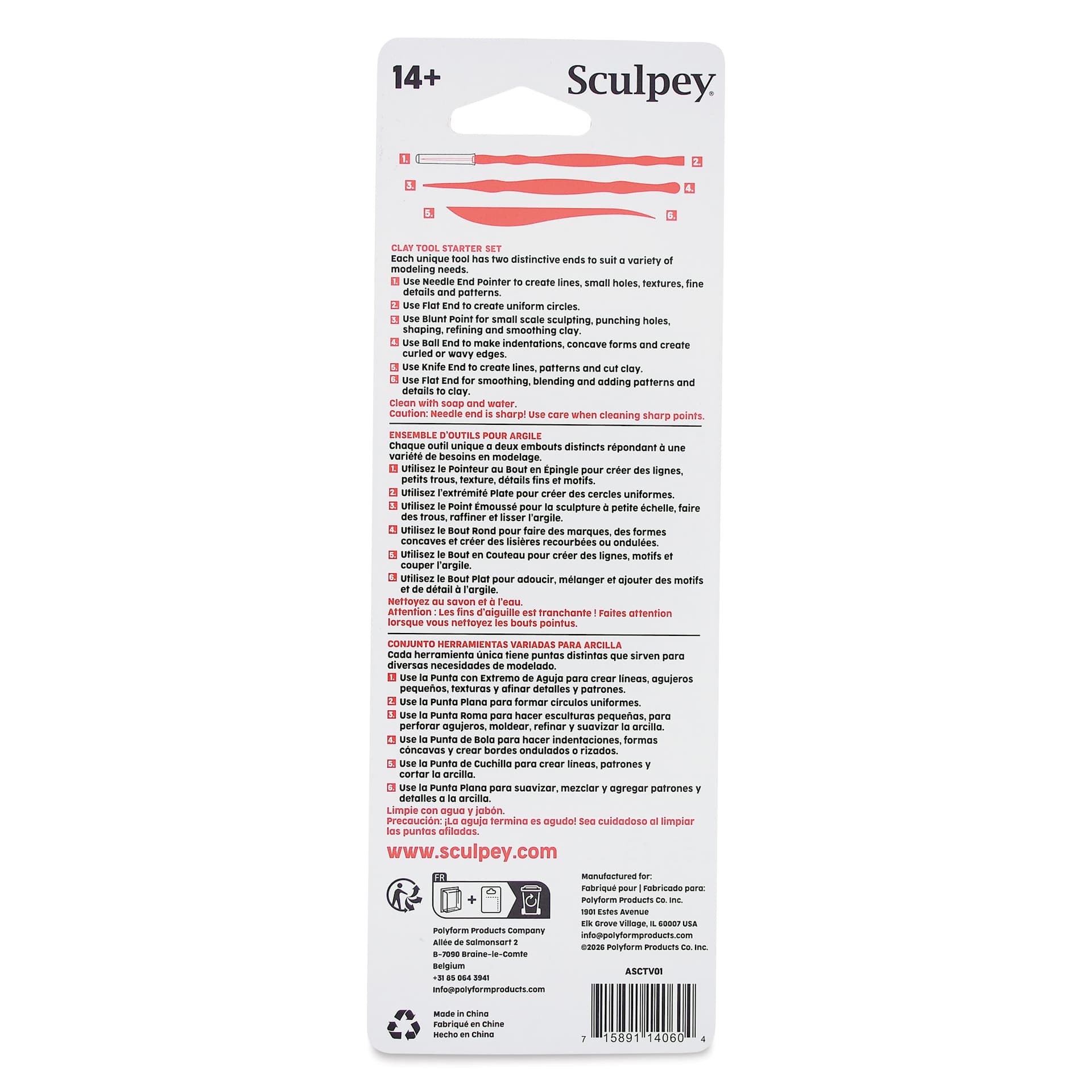 Sculpey Tools Clay Tool Starter Set back of packaging