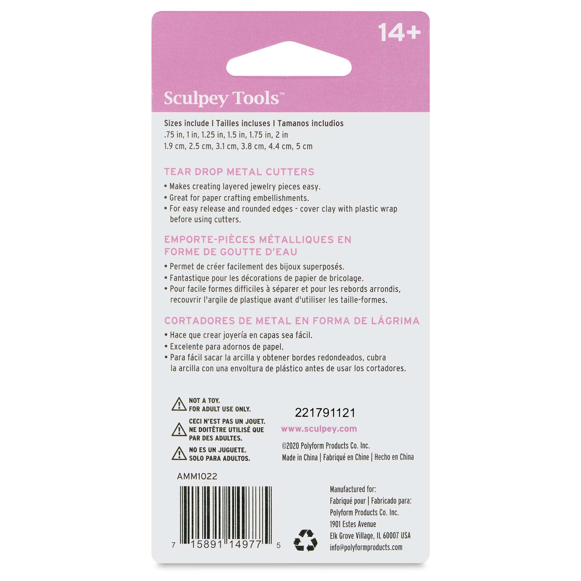 Sculpey Tools Metal Clay Cutters - Tear Drops, Set of 6 back of packaging