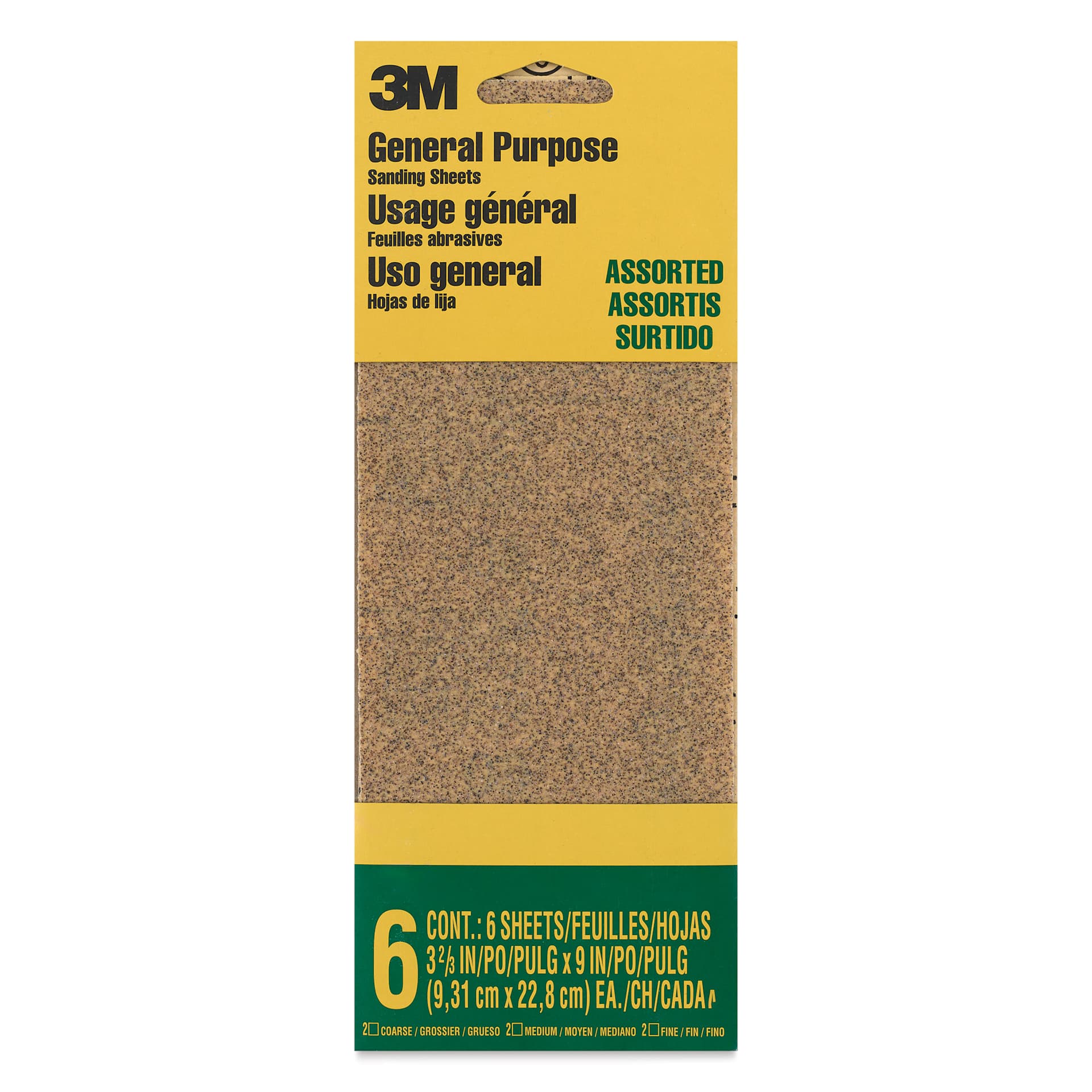3M General Purpose Sandpaper - Pkg of 6, Assorted Grit, 3.6" x 9" front of packaging
