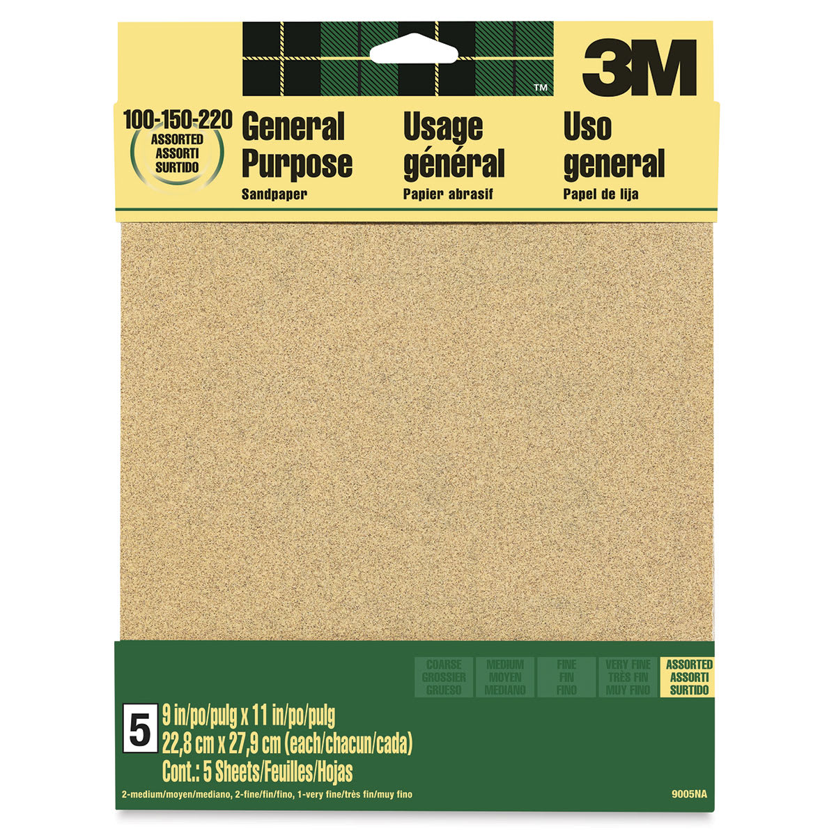 3M General Purpose Sandpaper - Pkg of 5, Assorted Grit, 9" x 11" front of packaging 3M General Purpose Sandpaper - Pkg of 5, Assorted Grit, 9" x 11" front of packaging