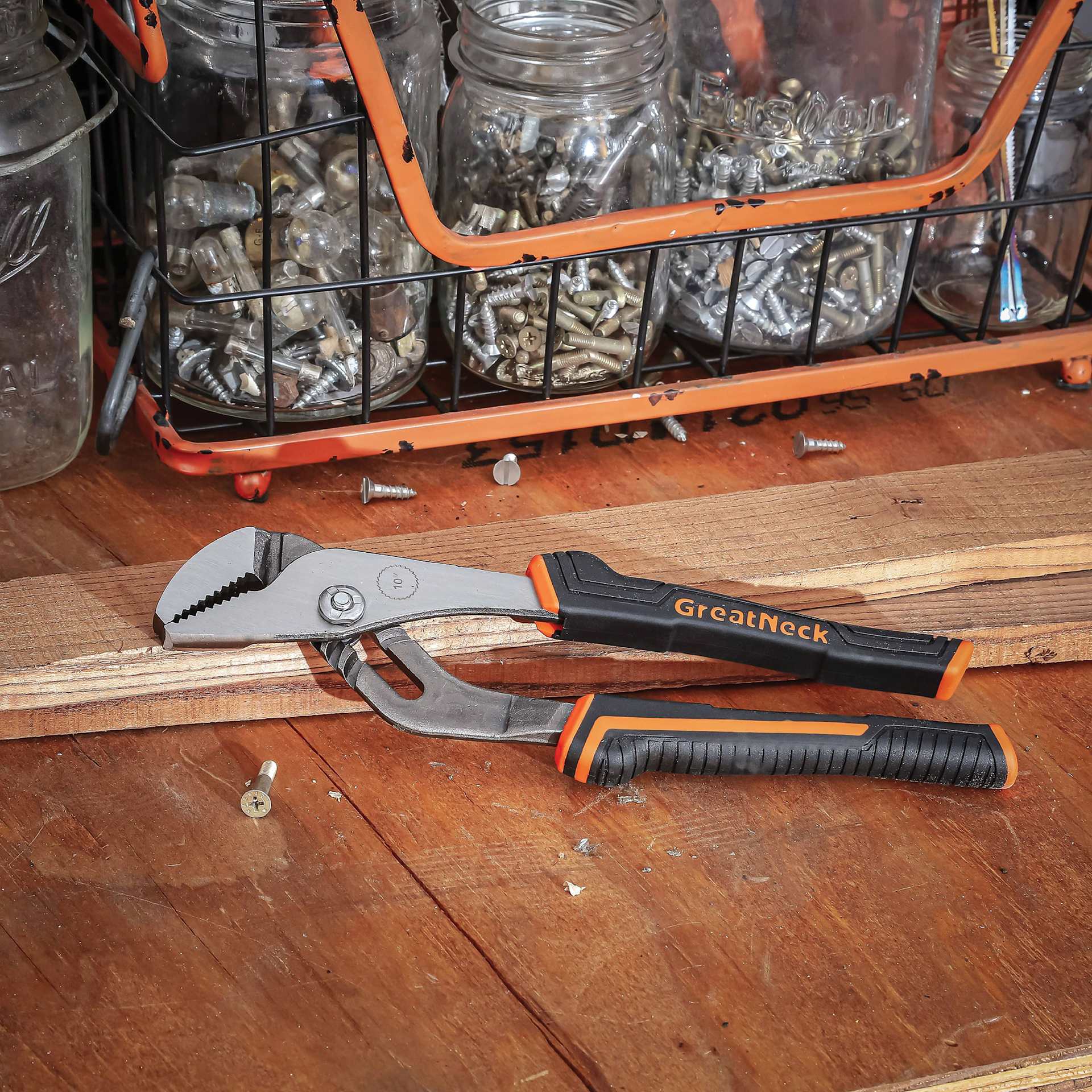 GreatNeck Groove Joint Pliers - lying on work bench