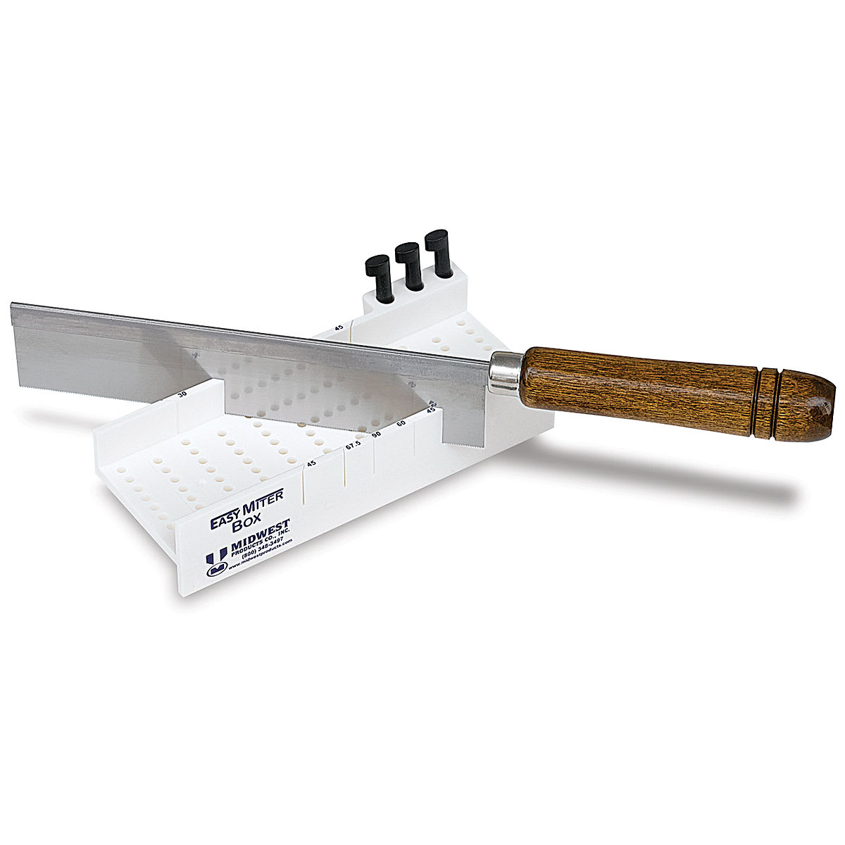 Easy Mitre Box Deluxe - Angled view of Miter Box with Razor saw inserted at 45 degree angle Easy Mitre Box Deluxe - Angled view of Miter Box with Razor saw inserted at 45 degree angle