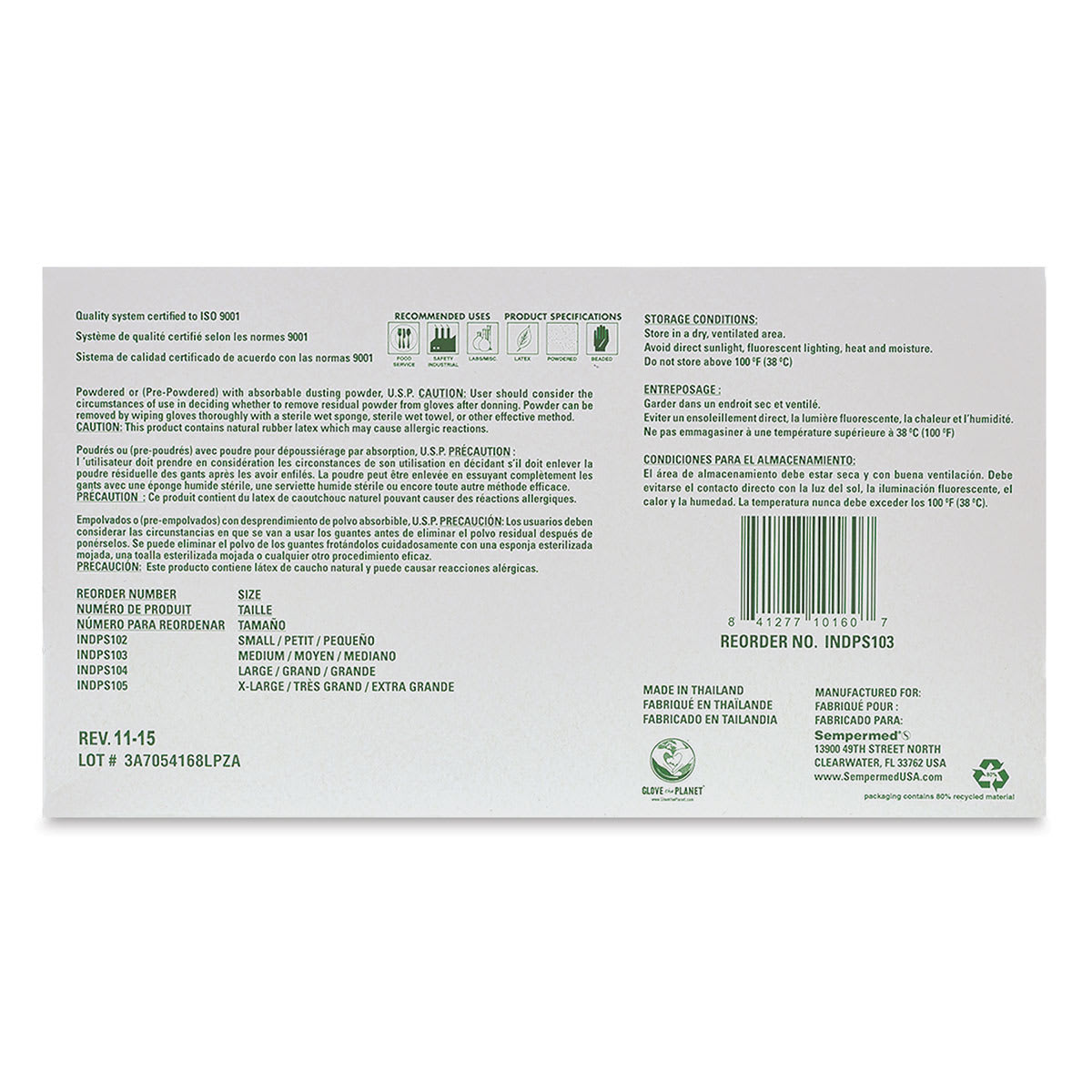 Glove Pack - Large, Latex, Powdered, Pkg of 100 - back of box