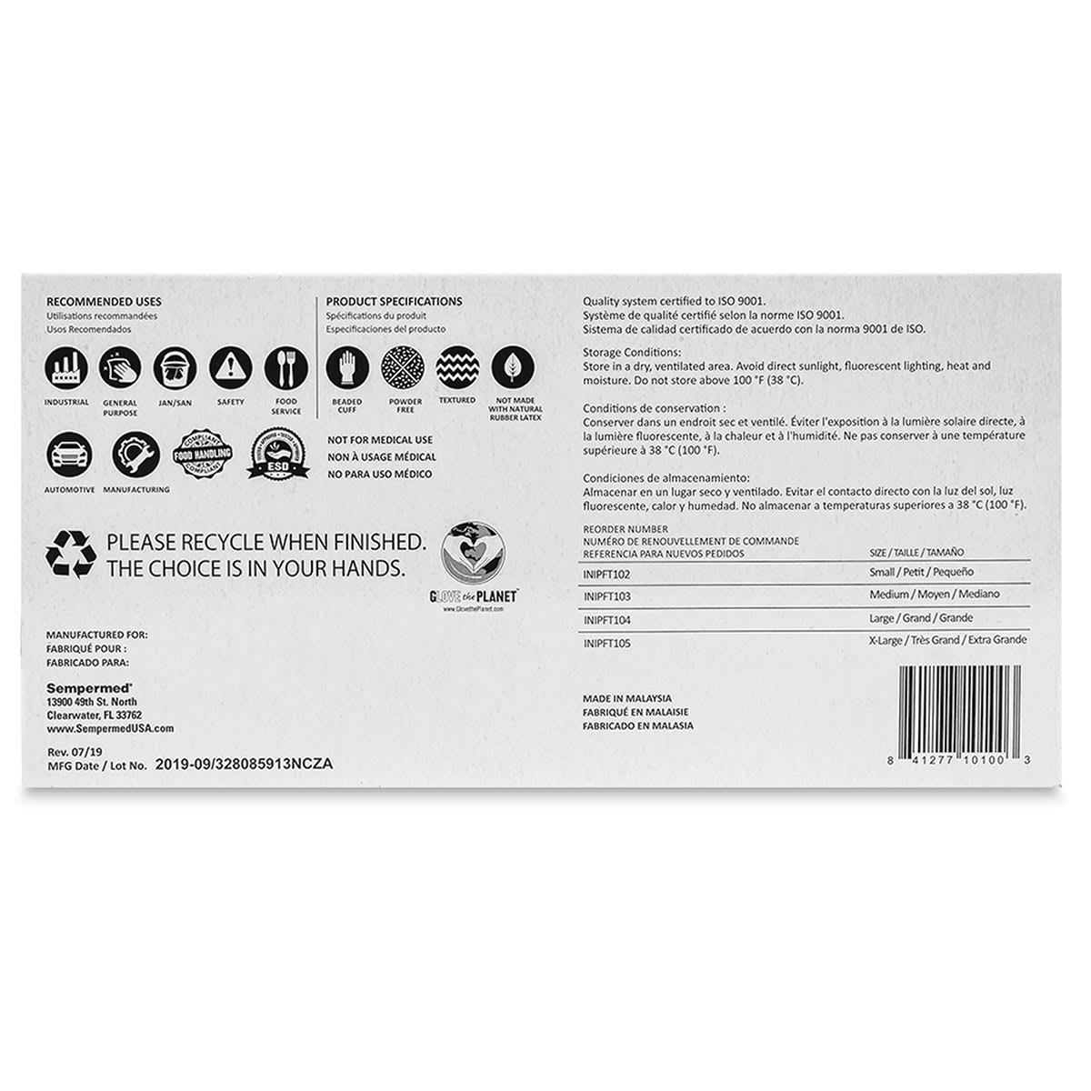 Glove Pack - Medium, Nitrile, Powder-Free, Pkg of 100 - back of box
