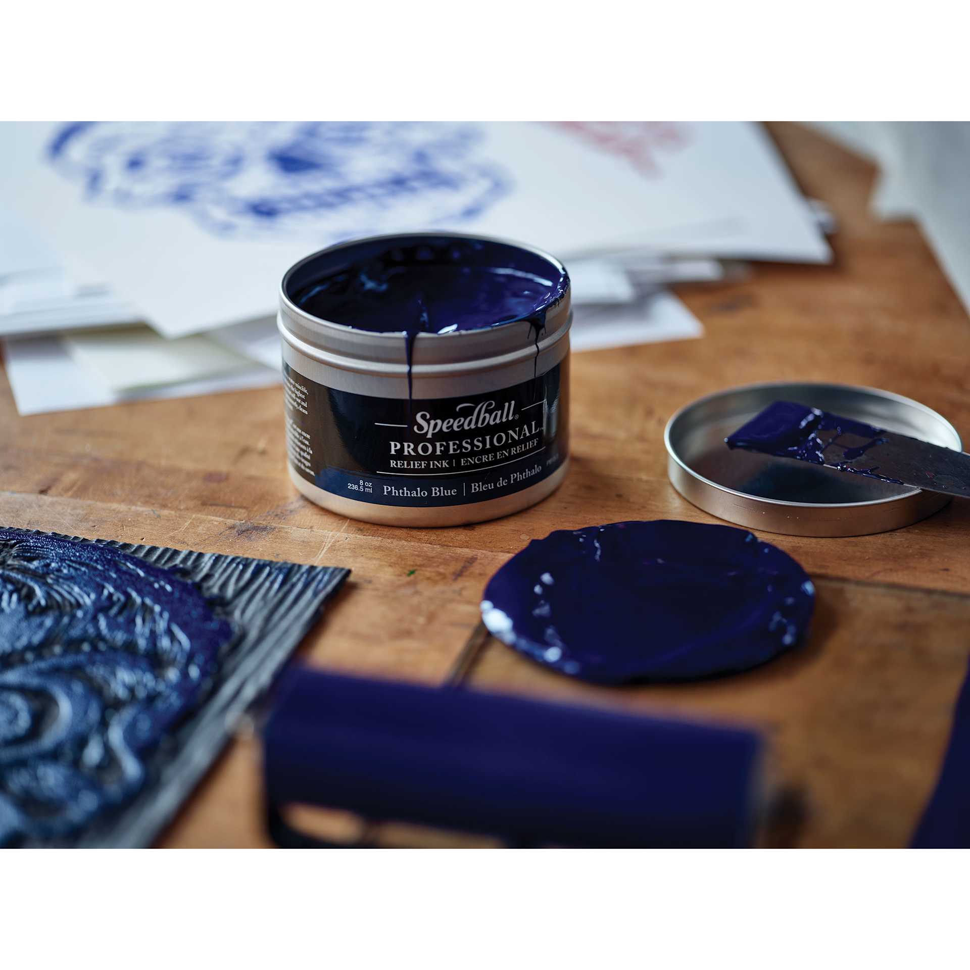 Speedball Professional Relief Ink - Phthalo Blue, 8 oz, with printmaking supplies Speedball Professional Relief Ink - Phthalo Blue, 8 oz, with printmaking supplies