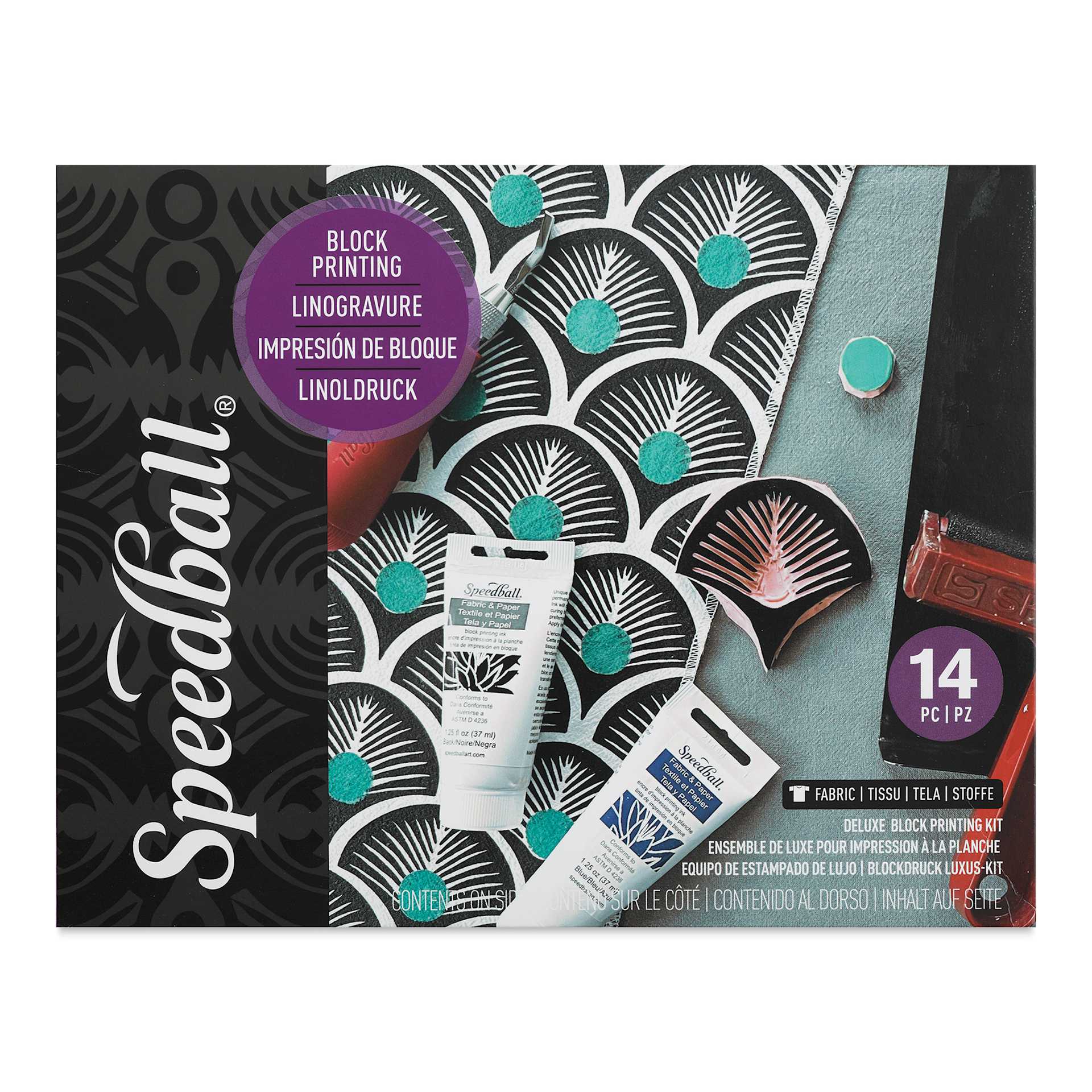 Speedball Fabric Block Printing Deluxe Kit (Front of package) Speedball Fabric Block Printing Deluxe Kit (Front of package)