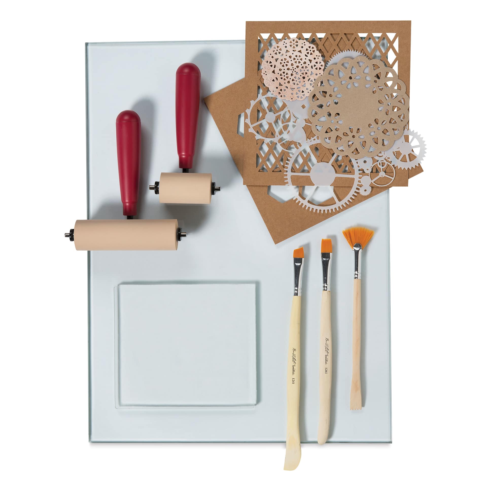 Speedball Gel Printing Plate beside printmaking tools (not included)