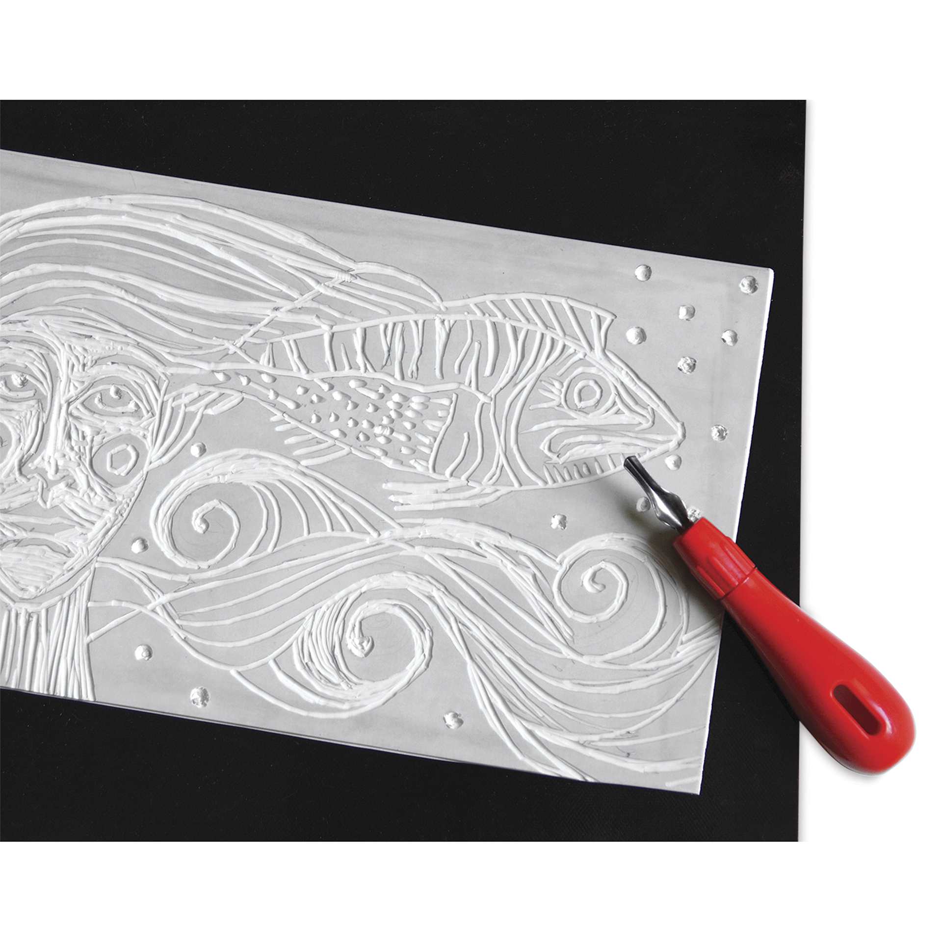 Black Linoleum Grip - Single Grip, 7.5" x 10.25", shown with linoleum block and cutter, not included