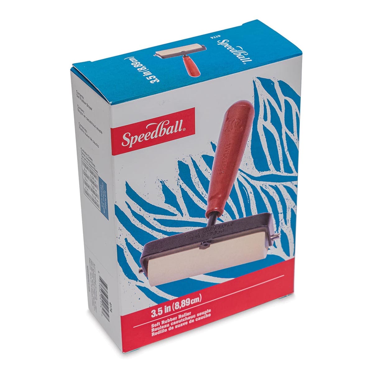 Speedball Soft Rubber Brayer - 3-1/2" - front of packaging, angled view