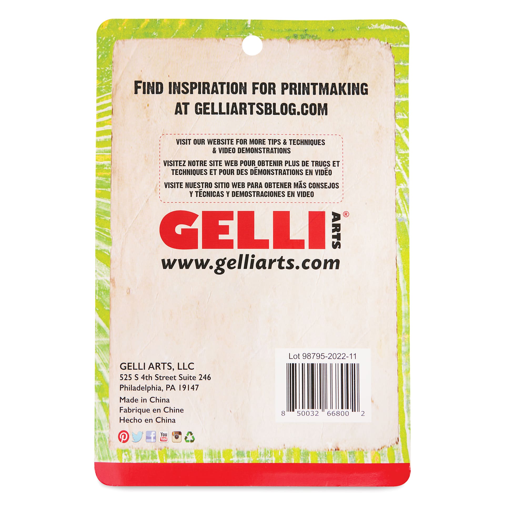 Gelli Arts Pop-In Hard Rubber Brayer - 4" Width, back of the packaging Gelli Arts Pop-In Hard Rubber Brayer - 4" Width, back of the packaging