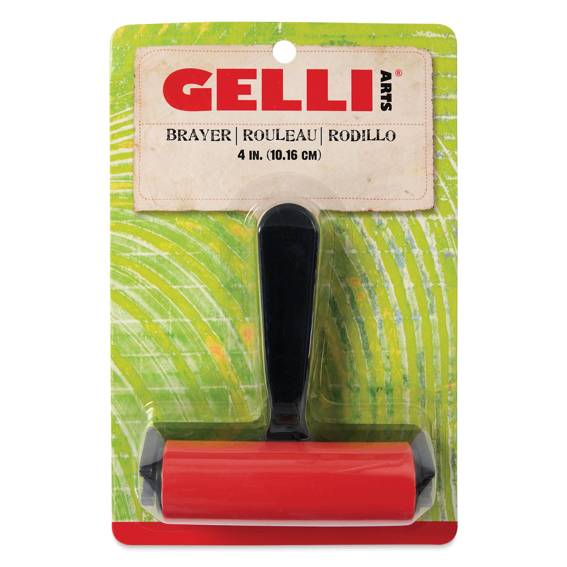 Gelli Arts Pop-In Hard Rubber Brayer - 4" Width, front of the packaging Gelli Arts Pop-In Hard Rubber Brayer - 4" Width, front of the packaging