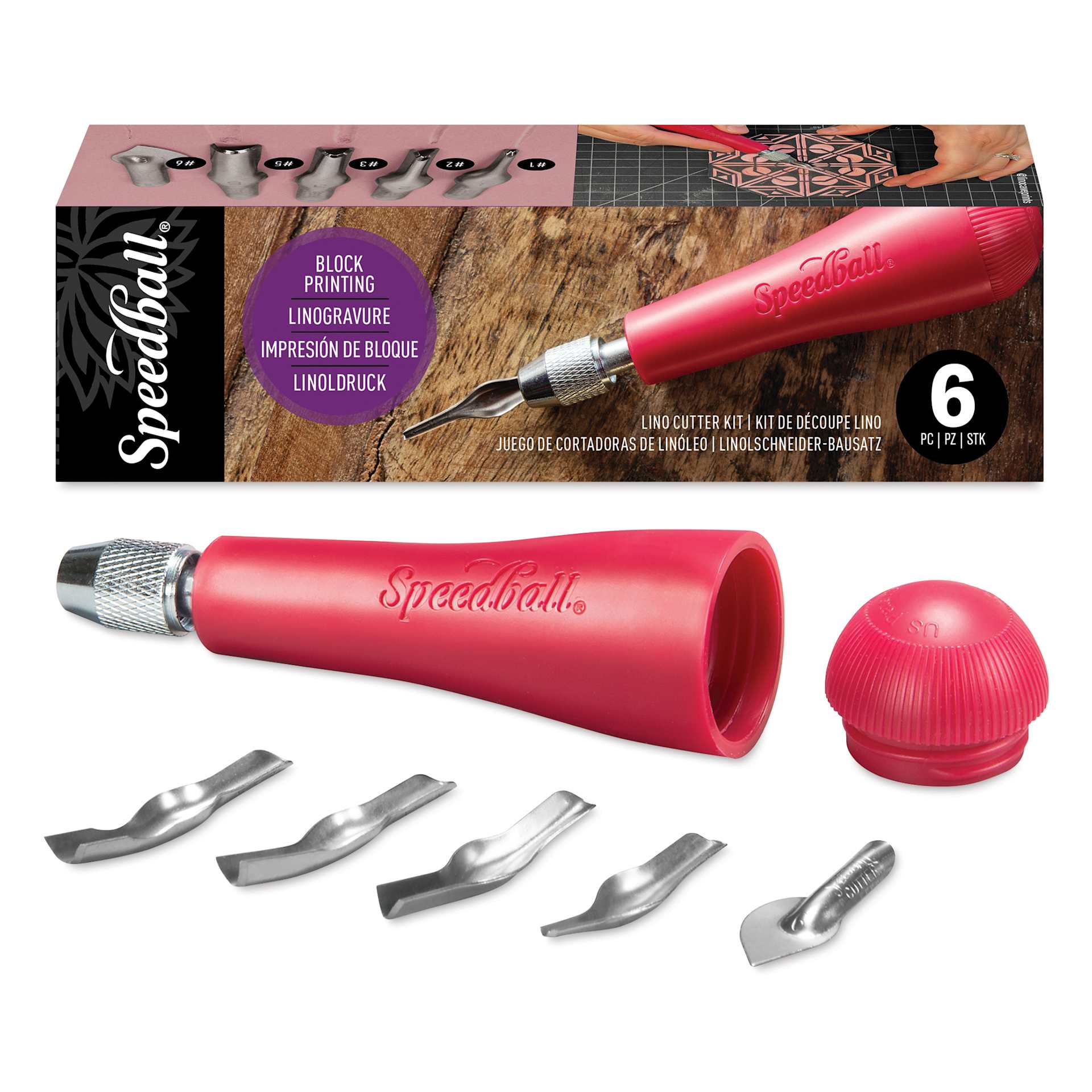 Speedball Linoleum Handle - Lino Handle No. 1 with five Cutters laid out, shown in front of packaging