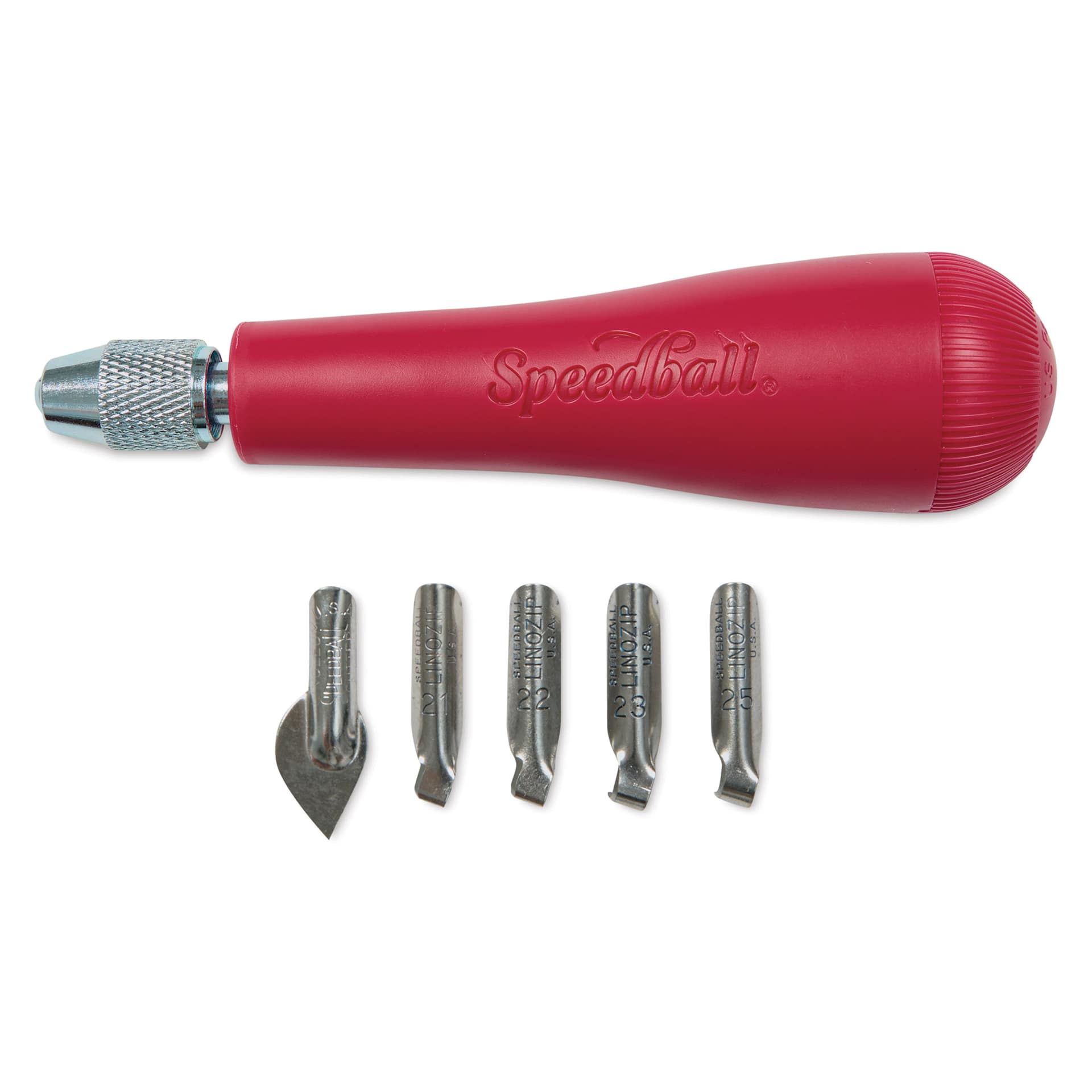 Speedball Linozip Safety Lino Cutters - Set of 5, with Lino Handle, laid out
