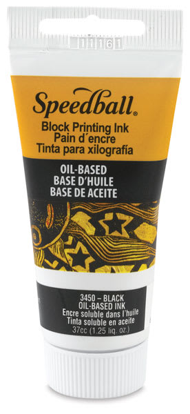 Speedball Oil Base Block Printing Ink - Black, 1.25 oz standing on cap