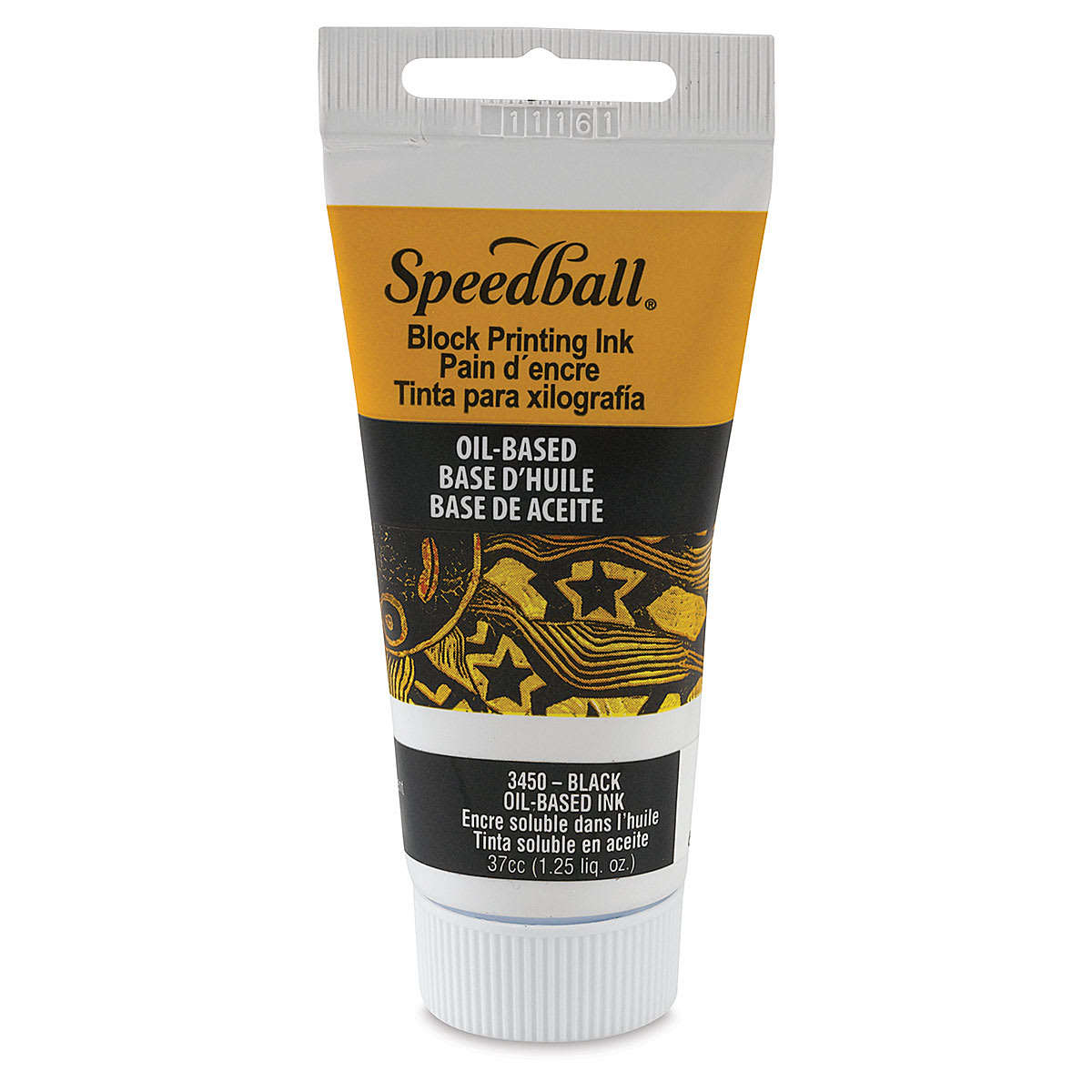 Speedball Oil Base Block Printing Ink - 1.25 oz Tube of Black Ink standing on cap