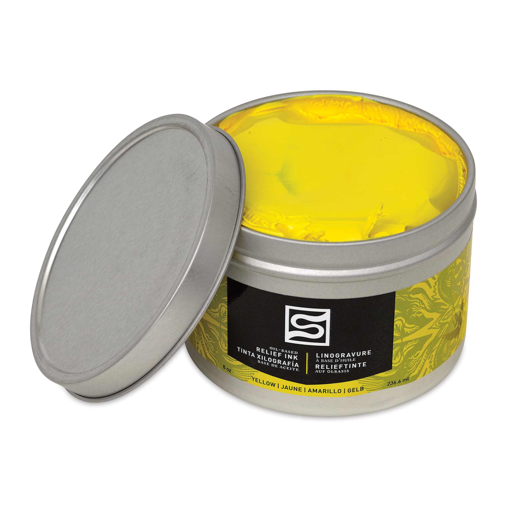 Speedball Oil-Based Relief Ink - Yellow, 8 oz container with cap off