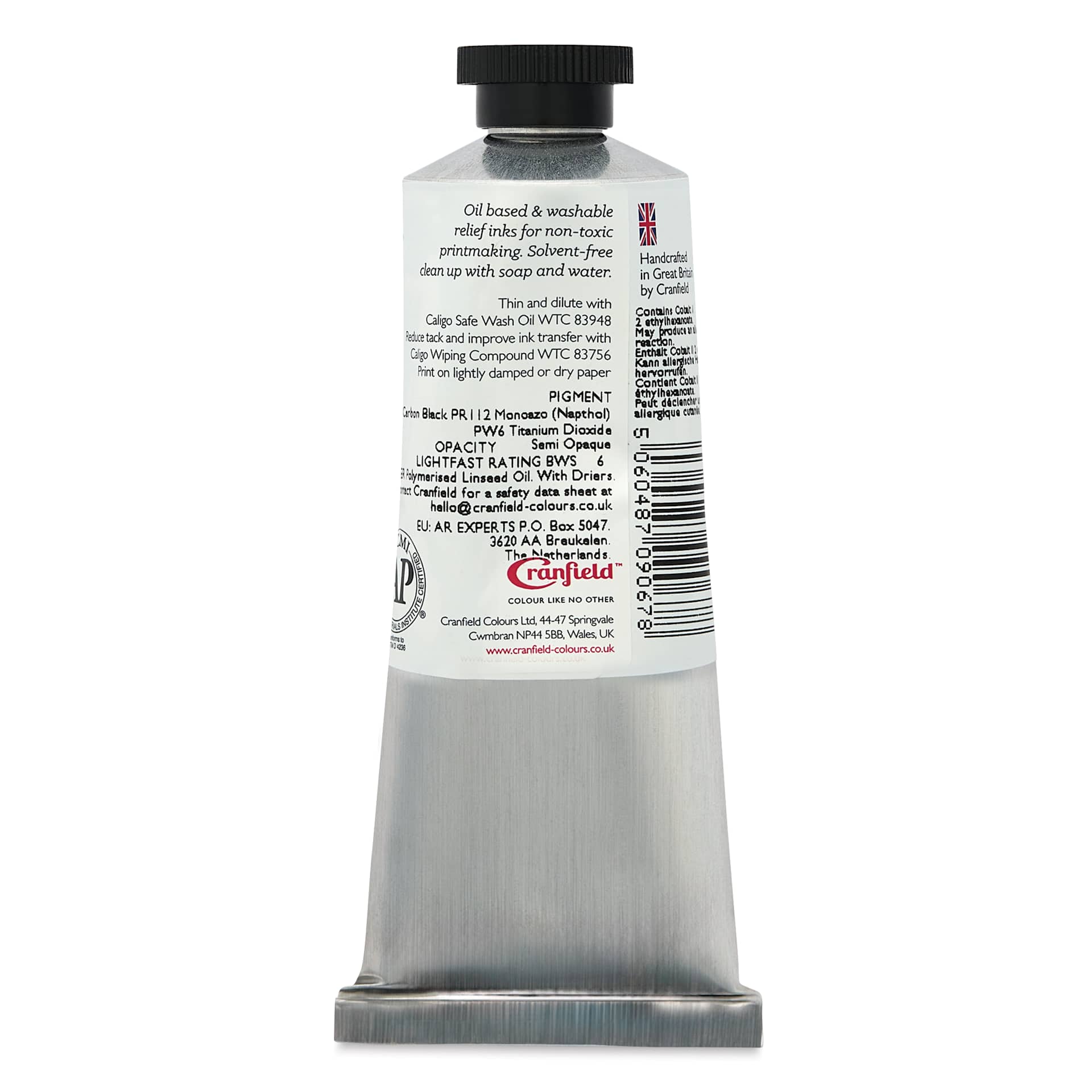 Cranfield Caligo Safe Wash Relief Ink - Soft Pink, 75 ml, back of tube