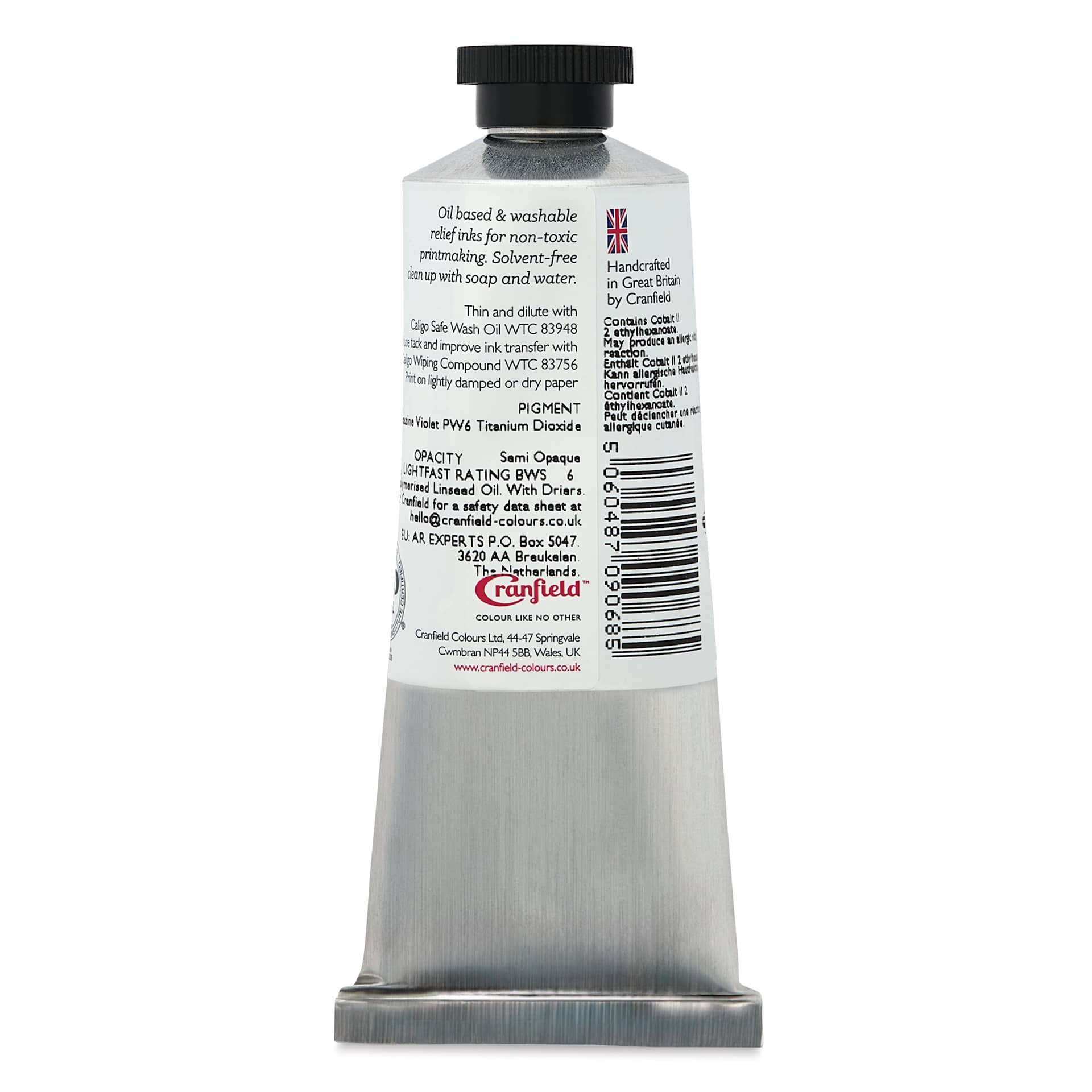 Cranfield Caligo Safe Wash Relief Ink - Pale Violet, 75 ml, back of tube